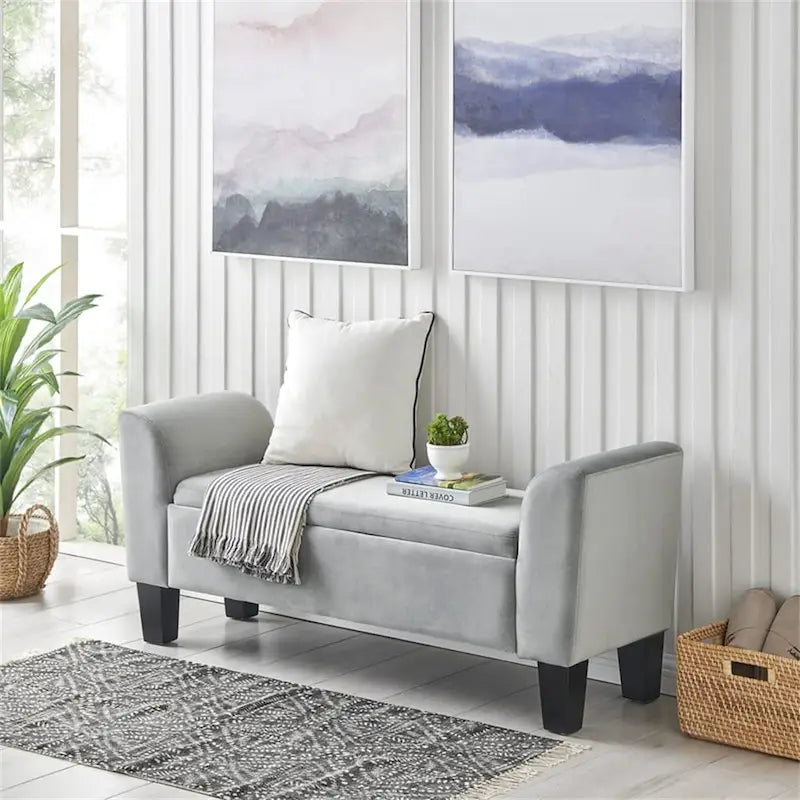 Banc ottoman en velours avec rangement et accoudoirs incurvés