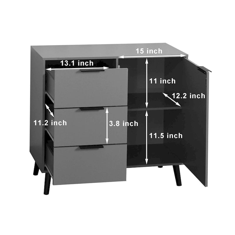 Meuble de rangement avec 3 tiroirs et étagère réglable, Meuble de rangement avec porte de style Mid-century, Meuble d'appoint