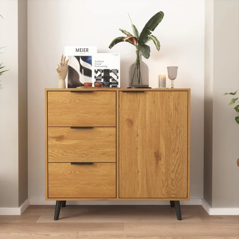 Meuble de rangement avec 3 tiroirs et étagère réglable, Meuble de rangement avec porte de style Mid-century, Meuble d'appoint