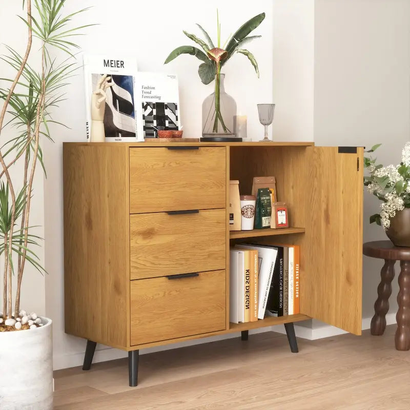 Meuble de rangement avec 3 tiroirs et étagère réglable, Meuble de rangement avec porte de style Mid-century, Meuble d'appoint