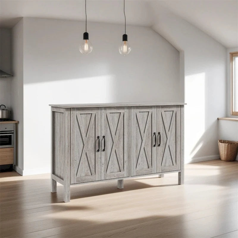 Buffet en bois avec 4 portes de grange et 2 étagères réglables