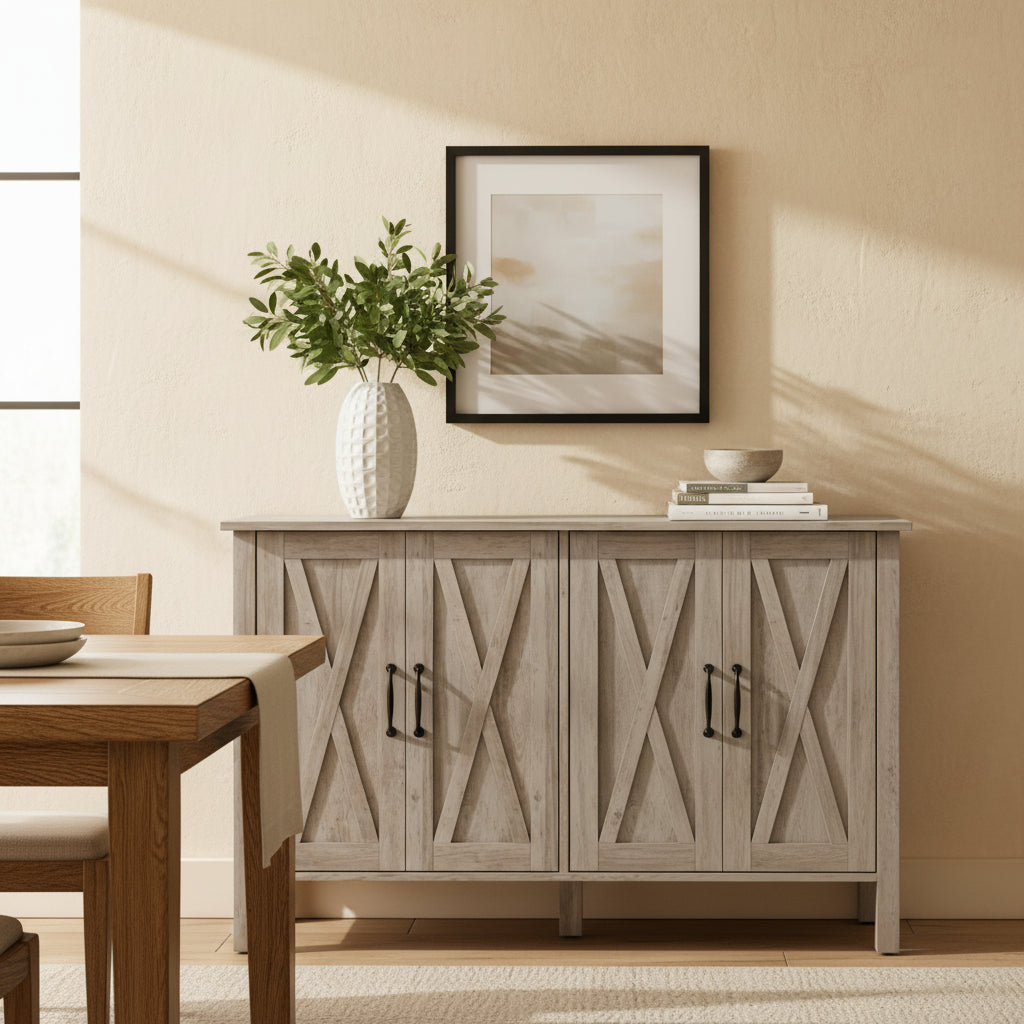 Buffet en bois avec 4 portes de grange et 2 étagères réglables