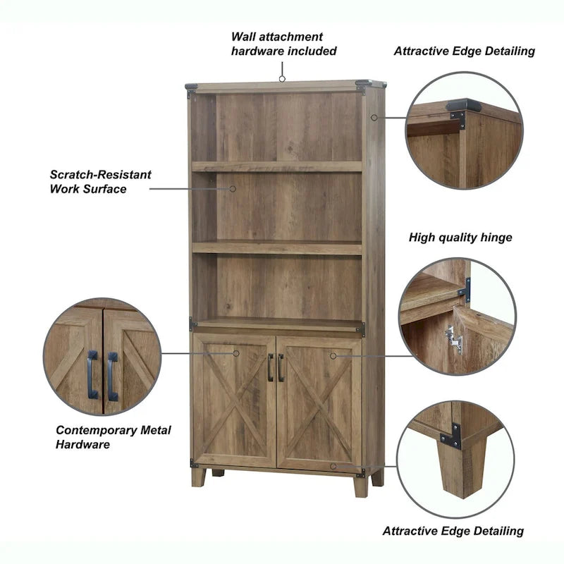 Bibliothèque rustique en chêne 2 portes Oxford Farmhouse – 12L x 30,7P x 67,4H