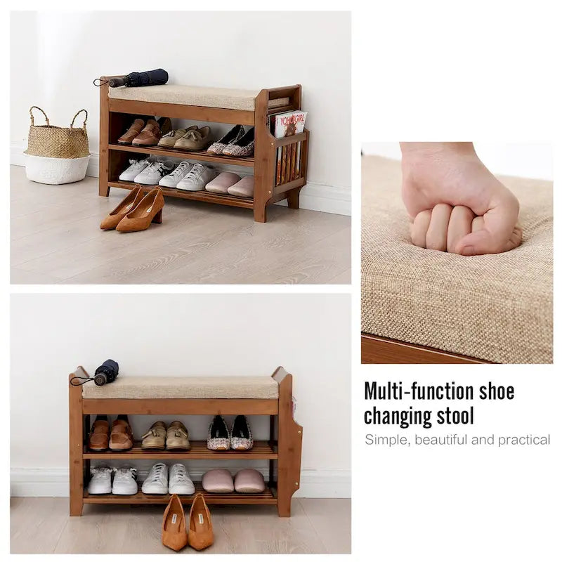 Banc de rangement à chaussures à 2 niveaux pour entrée en bambou - 39,6*11,6*19,6