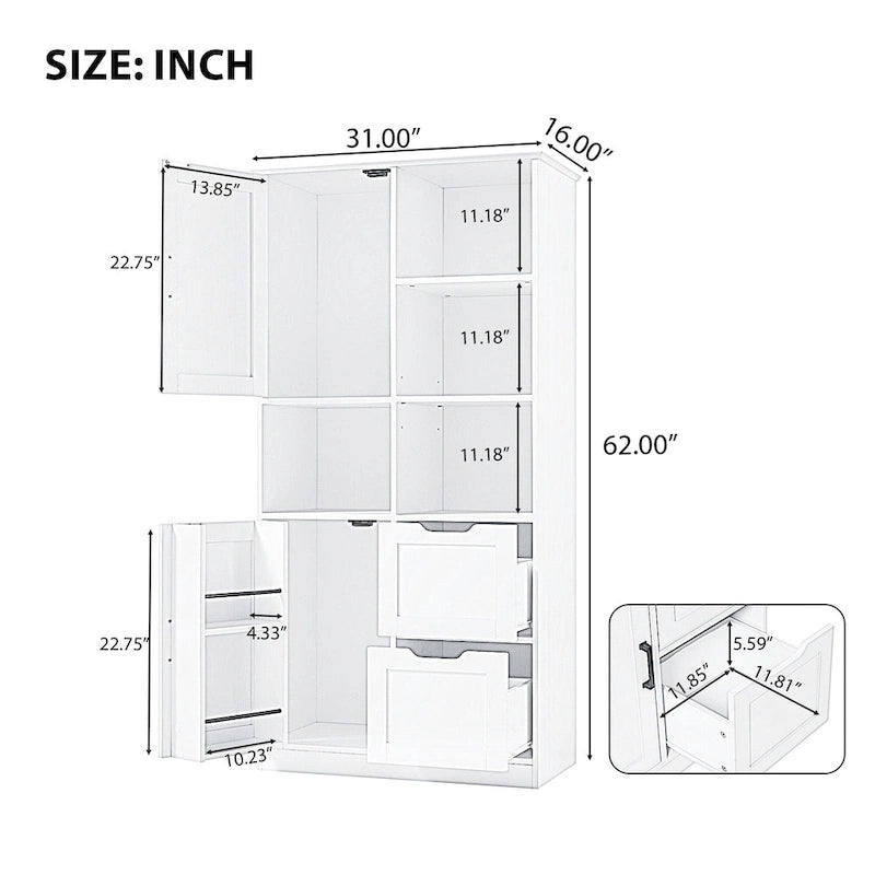 Meuble de rangement de salle de bain avec 2 portes, 2 tiroirs, étagère ouverte et étagère réglable