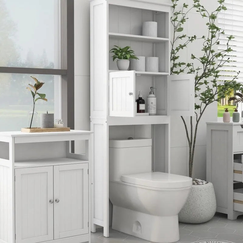 Meuble de rangement au-dessus des toilettes, organisateur de salle de bain avec deux étagères et placard, étagère de rangement pour toilettes en bois autoportante à 2 portes