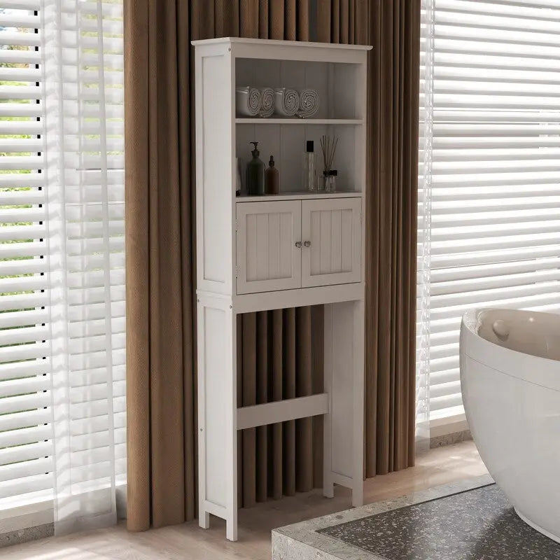 Meuble de rangement au-dessus des toilettes, organisateur de salle de bain avec deux étagères et placard, étagère de rangement pour toilettes en bois autoportante à 2 portes