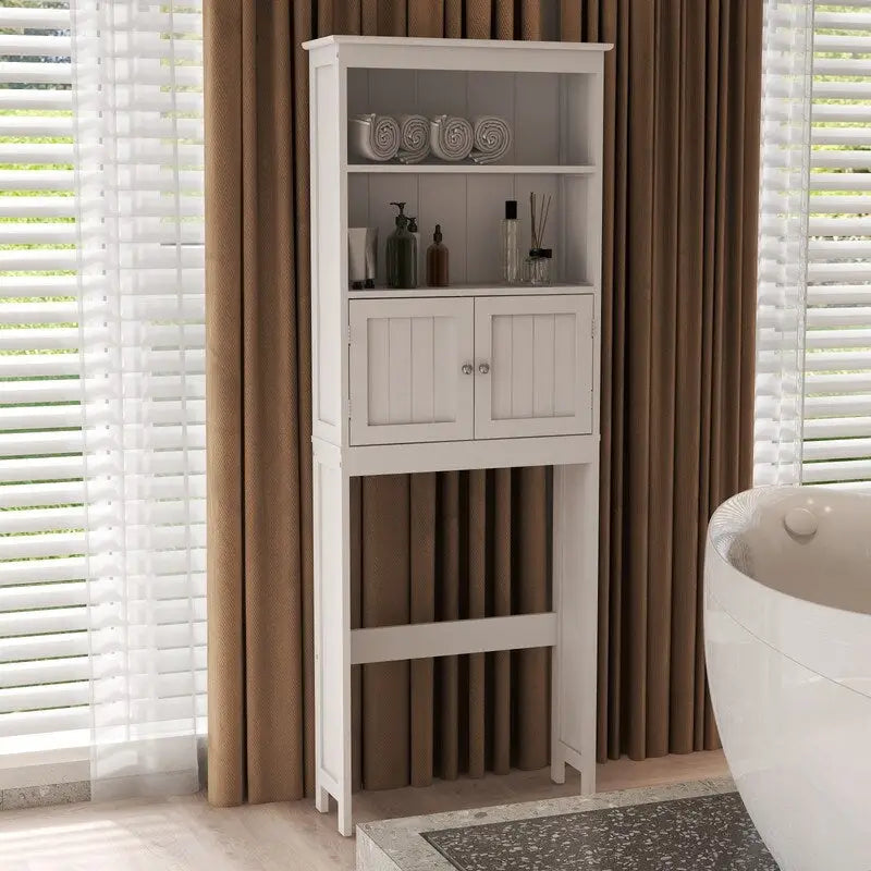 Meuble de rangement au-dessus des toilettes, organisateur de salle de bain avec deux étagères et placard, étagère de rangement pour toilettes en bois autoportante à 2 portes