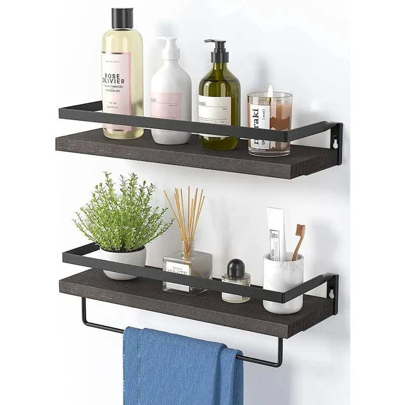 Étagère flottante de salle de bain marron foncé avec porte-serviettes pour salle de bain/salon/cuisine/chambre (lot de 2)