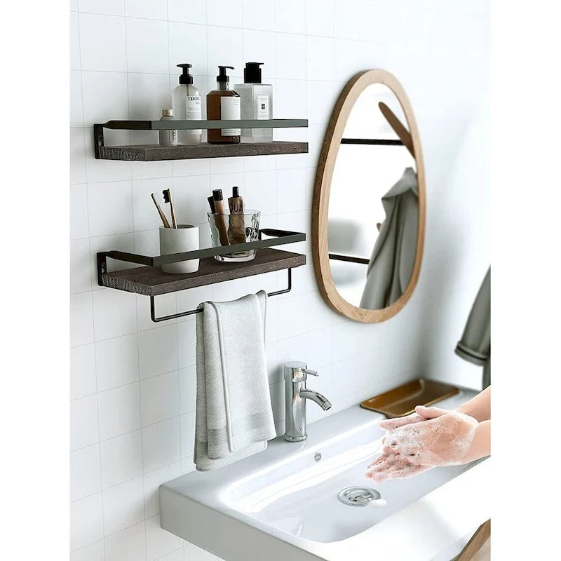 Étagère flottante de salle de bain marron foncé avec porte-serviettes pour salle de bain/salon/cuisine/chambre (lot de 2)
