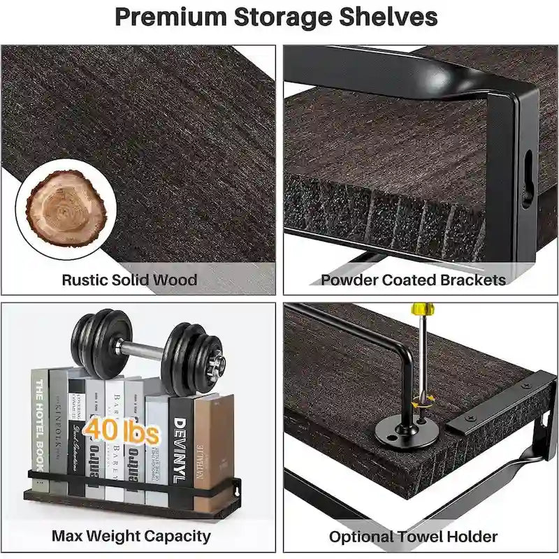 Étagère flottante de salle de bain marron foncé avec porte-serviettes pour salle de bain/salon/cuisine/chambre (lot de 2)