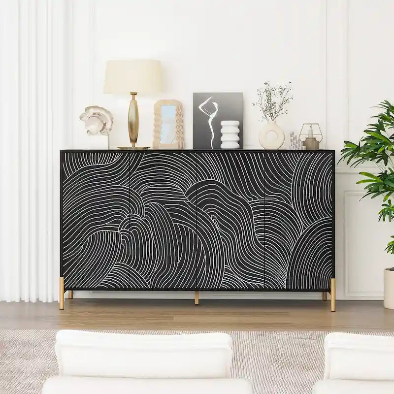 Buffet 4 portes sculpté, Bahut de rangement avec étagère réglable pour salon