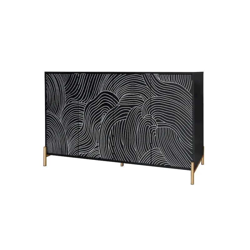 Buffet 4 portes sculpté, Bahut de rangement avec étagère réglable pour salon