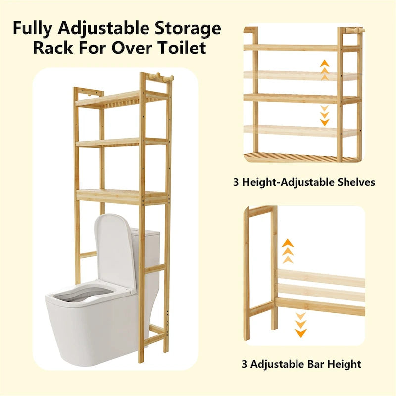 Étagère de rangement gain de place en bambou pour toilettes, meuble de salle de bain réglable