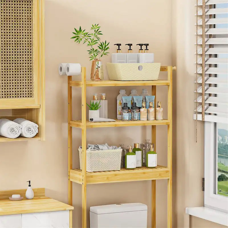 Étagère de rangement gain de place en bambou pour toilettes, meuble de salle de bain réglable